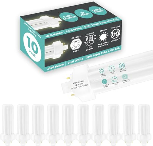GoodBulb 32 Watt CFL Light Bulbs 4 Pin GX24Q-3 Base 4100K Cool White 32W High Output 2400 Lumens Triple Tube Compact Fluorescent Light Bulbs Plug-in 10 Pack