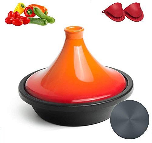 Thickened Cast Iron Tagine Pot, with Gloves Potholder, for Different Cooking Styles and Temperature Settings, Enameled Tajine, Oven Safe Dish Clay / 27cm with Thermal Board/Orange