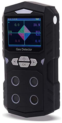 Détecteur de gaz 4 en 1, Affichage Couleur portatif de Moniteur de détecteur de gaz Multi avec analyseur de gaz d'alarme de lumière sonore de Batterie Rechargeable Graphique (Noir)