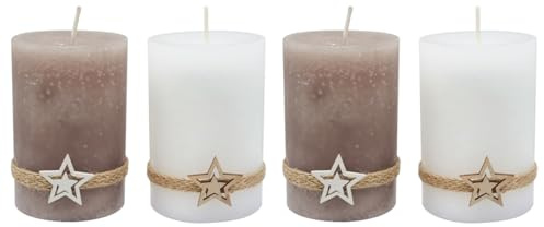 Adventskerzen Stumpenkerzen Holz Stern Kerzen Weiß Braun Weihnachten Deko 4Stück