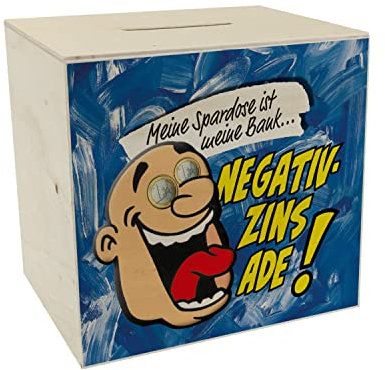 Spardose aus Holz in blau zum Thema Negativzins mit Comic-Motiv schöne Sparbüchse als Geschenk für Sparfüchse die Comic-Motiv mögen Geld Geizhals Bank Zinsen