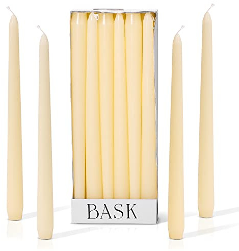 Bask 10-inch Taper Candles - Unscented and Dripless - Burns for 8 Hours - Home Decor for Dinner Table, Kitchen, and Bedroom - Perfect for a Romantic Date or Anniversary - 12-Pack - Ivory