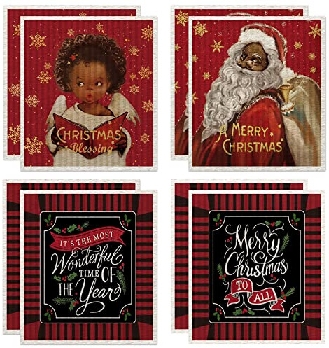 8 Pieces Christmas Swedish Dish Cloths African American Black Santa Angel Child Kitchen Dishcloth Sponge Cleaning Cloth Absorbent Dish Towels Soft Reusable Dish Cloths Washable Decorative Tea Towels