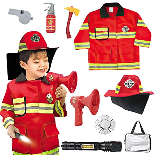 Lotvic Feuerwehrmann Kostüm, Kinder Feuerwehr Rollenspiel Set, Waschbares Kostüm Feuerwehrmann Kinder, mit Feuerlöscher Feuerwehrhelm Feuerwehrmann Spielzeug für Karneval, Fasching, Mottoparty