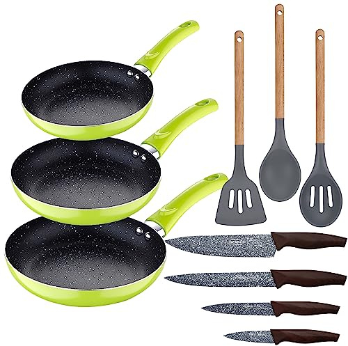 Set 3pc sarten (20+24+28cm) aluminio prensado verde con Set 3pc utensilios de cocina silicona madera con Set 4pc cuchillos acero inoxidable