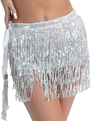 1pcs Robe à Franges à Paillettes, Jupe à Paillettes de Danse du Ventre, Costume de Danseuse Latine, Tenue de Jupe Rave à Franges, Costumes de Danse pour Femmes Filles pour Bal,Performance（Argent）