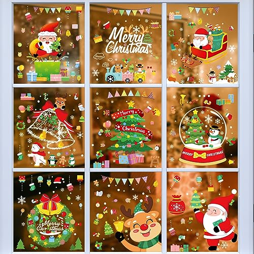 AUAUY 389PCS Fensteraufkleber Weihnachten, Wiederverwendbare, PVC, 10Blatt | Static Selbstklebend Weihnachtsfensterbilder Doppelseitig, Schneeflocke, Rentier, Weihnachtsmann, Winter Dekoration