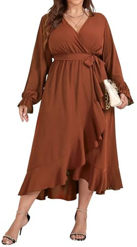 SCOMCHIC Women Plus Size Formal Dresses Fall Long Sleeve Faux Wrap V Neck High Low Ruffle Cocktail Wedding Guest Maxi Dress, Rust, 3XL Plus