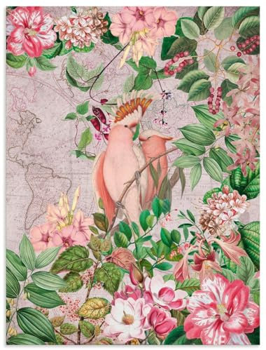 ARTland Wanddeko Wandbild Alu Verbundplatte für Innen & Outdoor Bild 60x80 cm Papagei Kakadu Garten exotische Pflanzen Blumen Vintage U4VW