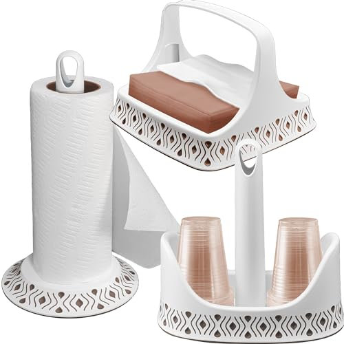 Sicignano | Set Portarotolo Portatovaglioli Portabicchieri, Linea Tosca, Plastica BPA Free - Facile da Spostare, Lavabile in Lavastoviglie, Elegante - 100% Made in Italy (Bianco/Tortora)