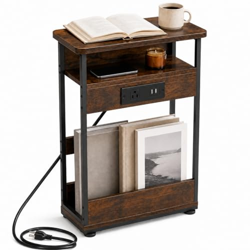 Narrow Side Table With Charging Station, 3-Tier End Table with 2 USB Ports & Power Outlets,Thin Sofa Side Table for Narrow and Small Spaces, Bedside Table Nightstand for Living Room,Rustic Brown