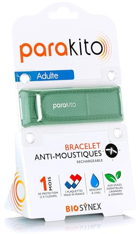 PARAKITO - Bracelet Anti-Moustiques Réutilisable - 2 Plaquettes Incluses aux Huiles Essentielles - 1 Mois de Protection - Sans DEET - Coloris Kaki - Taille Adulte
