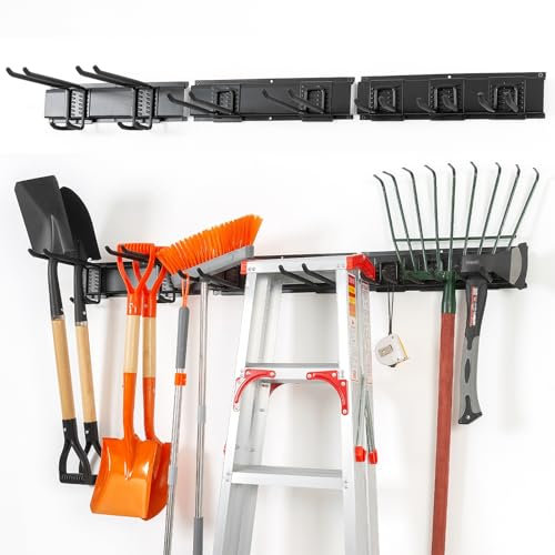 PYBTOOL Robuster Werkzeug-Organizer für die Garage zur Wandmontage, 48-Zoll-Gartengeräteständer, Garagen-Aufbewahrungsständer für Rechen, Besen und Gartengeräte (7 Haken, 3 Schienen)