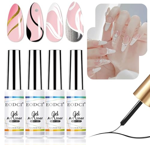 EODCI Gel Liner Nail Polish, 4 Farben Set Schwarz & Weiß Painted Liner Gel Nagellack, Farbgel für Gelnägel Nail Art Pinsel UV Art Polish Starterset Malerei Gelpolitur Set