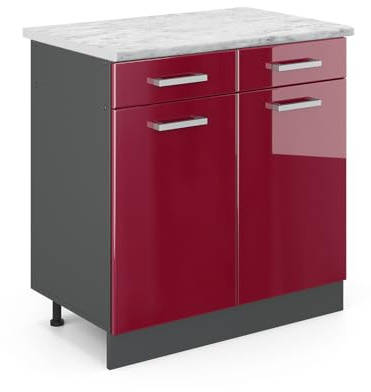 Vicco Küchenunterschrank R-Line, Rot Hochglanz, 80 cm AP Marmor, zur freien Kombination innerhalb modularer Küchensysteme