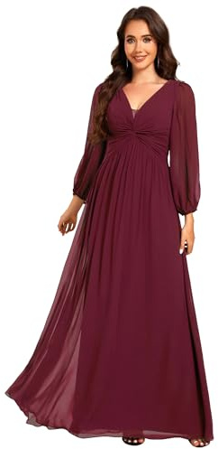 Ever-Pretty Robe de Soirée Femme Col V Manches Longues Plis A Line pour Invités Chic Bordeaux 56