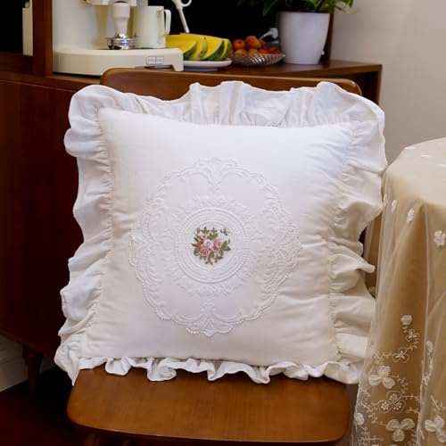 vctops Boho White Cotton Pillow Covers 18x18 Inch Lace Embroidery Ruffle Pillow Covers Vintage Square Couch Cushion Case for Wedding Chair Sofa Living Room (FS White,18x18)