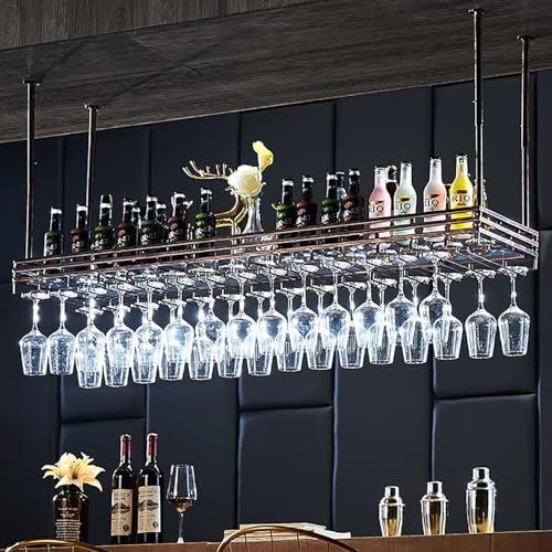 Adjustable Wine Glass Holder Under Shelf, Wine Racks Free Standing,Nail Free Metal Stemware Holder Storage Hanger, Hanging Wine Glasses Rack Organizer Under Cabinet Mount For Bar Kitchen(Brass,120*35c