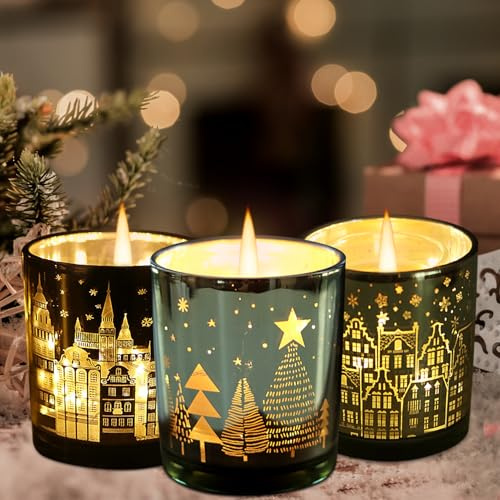 ACAREY Weihnachtsdeko Teelichthalter Kerzenhalter, 3 Stück Weihnachten Windlicht Glas Grün Teelichthalter Kerzengläser, Weihnachtsgläser Für Weihnachtsdeko Tisch, Weihnachtsdeko Innen (Bunt)