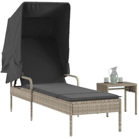 Somanki Sonnenliege mit Dach und Tisch Hellgrau Poly Rattan, Gartenliege, Liegestuhl, Sonnenstuhl, Sonneninsel Outdoor, Liegen, Gartenmöbel, Bäderliege, Relaxliege - 368202
