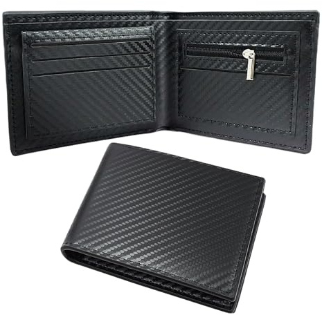 teashow Wallets for Men UK Fathers Day Dad Gifts Mens Wallet Slim Exquisite Leather Bifold Wallet with Zipper Coin Pocket 8 Card Holders ID Window Gift Box Carbon Fiber Design (Black)