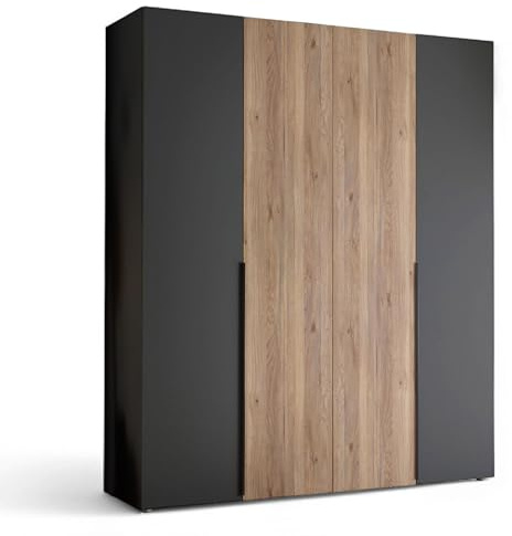 ASKA Kleiderschrank Schrank Drehtürenschrank Graphit Mauvella Eiche Optik | 200 x 210 x 53 cm (B/H/T), 4-türig, Schlafzimmer, Kleiderstange und mehrere Ablageböden, viel Stauraum