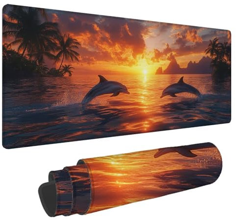 Tapis de Souris Dauphin Tapis Souris XXL Coucher Soleil 1500x800mm Tapis Souris Gamer,sous Main Bureau Ordinateur Portable,Mouse Pad Bords Cousus Caoutchouc Antidérapante,pour Souris et Clavier A-282
