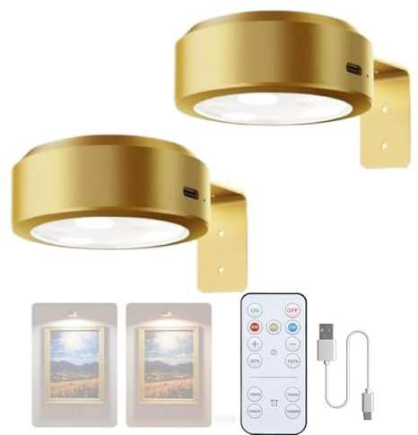 2Stück Picture Lights for Wall with 3 Color Temps, Bild Licht mit Fernbedienung, Kabellos Bilderleuchte, magnetisches LED Wiederaufladbar Malerei Licht, Dimmbare Timer Kunst Display Licht (Gold)