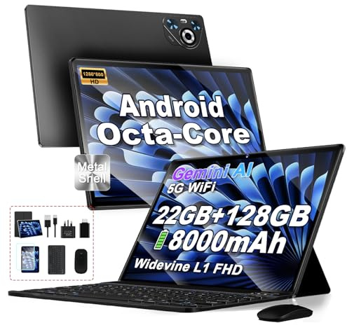 JVVQTB Tablet Android Octa Core 22GB RAM + 128GB ROM (2TB TF) | tablets 10 Inch | 5G + 2.4G WiFi | GPS| FHD | Bluetooth 5.0 | 8000mAh | 8MP + 5MP |Split Screen|Type C, Keyboard and Mouse-Black