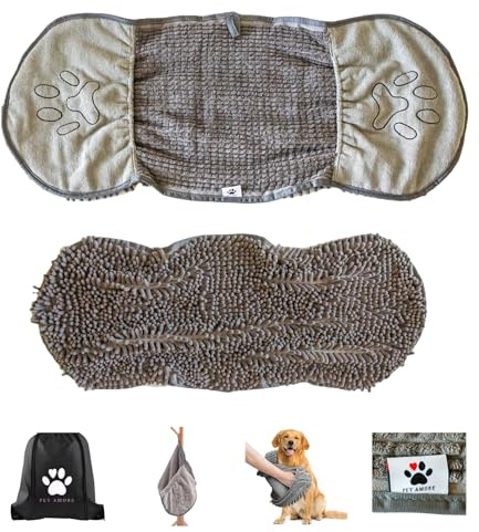 Premium Dog Drying Towel – Super Absorbent 1300 GSM Chenille Microfiber Pet Shammy with Hand Pockets, Quick Dry, XL 80x35cm for All Breeds (Grey) – Includes Drawstring Storage Bag