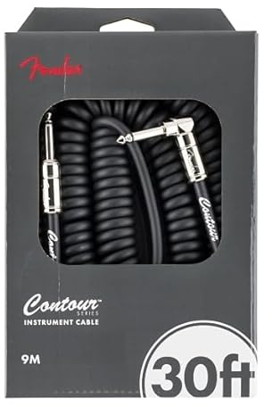 Fender Contour Coiled Guitar Cable, 30ft, Straight/Angled, Black | Coiled instrument cable, oxygen-free copper, low noise, nickel-plated 1/4 jacks, straight/angled ends, 30ft