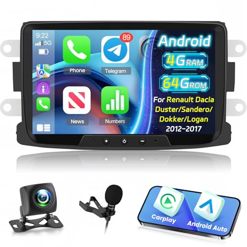 [4+64G] Car Radio for Renault Dacia Duster/Sandero/Dokker/Logan 2012-2017 | Techschermo Android Car Stereo 8 Inch Touchscreen, Wireless Carplay and Android Auto / GPS / WiFi / SWC + AHD Backup Camera