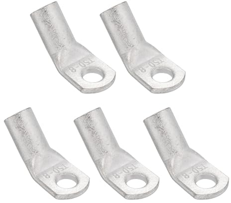 sourcing map 2/0 AWG - 5/16 Copper Wire Lugs, 45 Degree Bent Battery Cable Ends Battery Lugs Ring Terminals Connectors Bare Copper Eyelet for Marine Electrical Supplies (Silver, 5Pcs)
