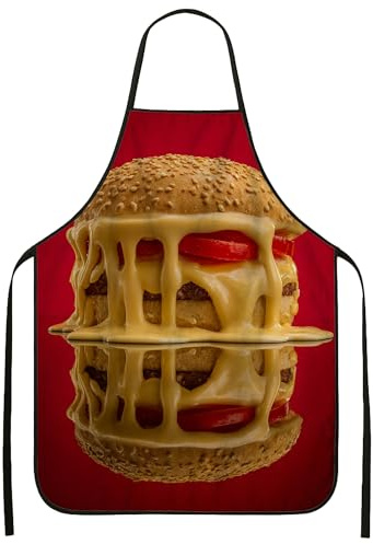 Delantal de hamburguesa con queso para cocinar, divertido patrón de comida, delantal de cocina para adultos, diseño culinario vibrante, delantal lavable para barbacoa, Rojo -, 24x31 Inch