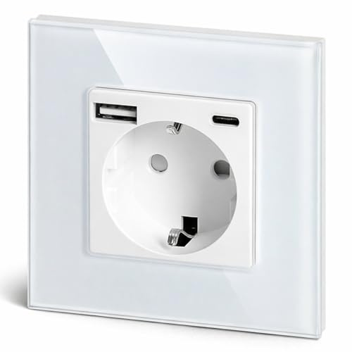 Prise encastrée en verre cristal, USB-A, USB-C, fonction de charge rapide 20 W, tout-en-un, série CY1 blanche