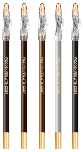 Pinkiou 5 Pcs Lápiz de Cejas con sacapuntas Lápiz de cejas negro gris marrón para mujeres, maquillaje para cejas con forma natural