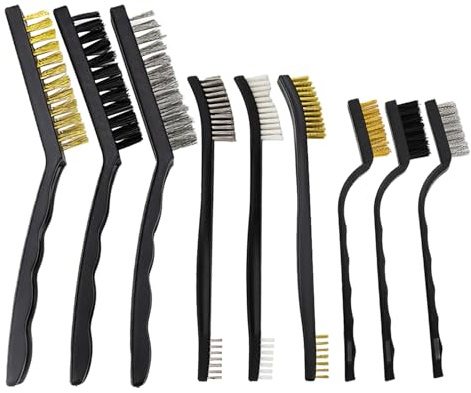 BieMian 9 Pcs Wire Brush Set - Brass/Nylon/Steel for Rust & Weld Slag | wire brush set with brass, nylon & steel bristles. Removes rust, weld slag, stove grime. For metal & wood surfaces.