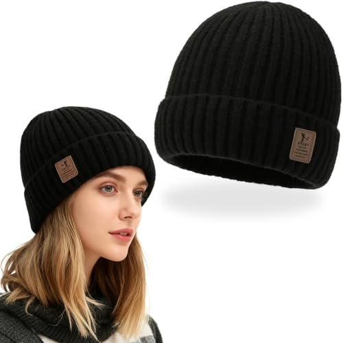 EJRUP Gorro Invierno Hombre y Mujer de Lana Merino, con Forro Polar,Invierno Termicos Gorro Beanie de Punto, Suave y Elástico, Gorro de Punto Grueso(Negro)