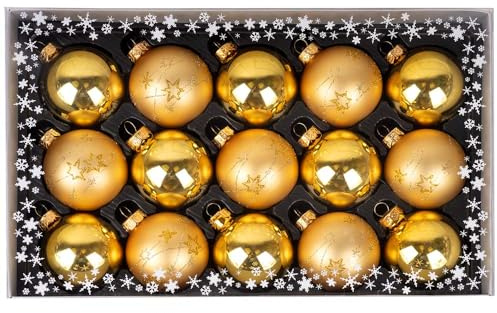 Weihnachtskugeln mit Verzierung aus Glas 6cm x 15 Stück in Kartonbox Christbaumkugeln (Inkagold)