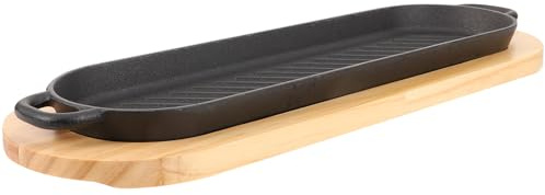 NUOBESTY Plaque de Cuisson en Fonte Antiadhésive pour Steak avec Plateau en Bois, Double Poignée, Plat de Service Chaud pour Barbecue Cuisine Familiale, Poêle Épaisse pour Grillades