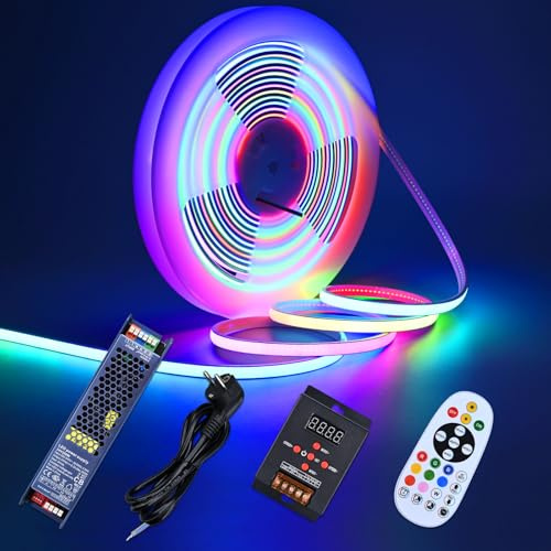 GOMING 24V 10M WS2811 RGB Neon COB Striscia LED IP67 Impermeabile 576LEDs/M | Indirizzabile con Controller e Alimentatore 16W/M Luminosità Uniforme Flessibile Nastri LED Autoadesiva per Arredamento Casa