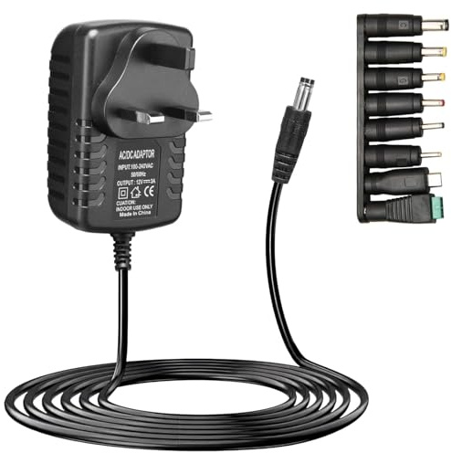 12V 3A Power Supply Adapter, Universal AC to DC Power Adapter, UK 3-Pin Wall Plug with 8 Interchangeable DC Tips, 1M Extra Long Cable for CCTV Camera, LED Strip, Router, Monitor (Black, 3A)