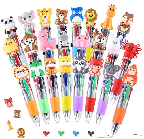 Yoosso 24 Stück 4-in-1 Kugelschreiber Geschenke Zur Einschulung | 0.7mm Versenkbare Kugelschreiber Lustige Stifte Einschulung Geschenk Mitgebsel Geburtstag für Schüler (Tiere)