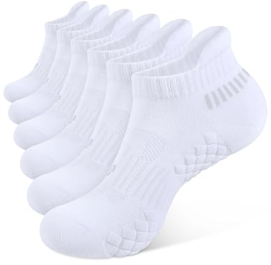 CLOSEMATE Calzini da Corsa Uomo 6 Paia, in Cotone 85% con Supporto Arco e Grip Antiscivolo - Ammortizzati e Traspiranti per Piedi Asciutti in Running, Palestra, Lavoro 6Bianco 39-42