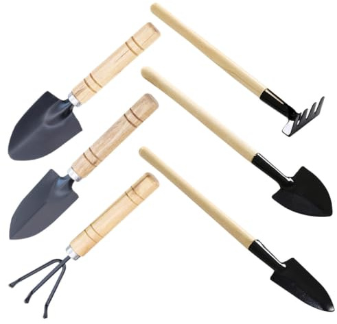 ibasenice Ensemble D’Outils de Jardinage 6 Pièces Pelles et Râteaux à Main en Bois et Fer, Kit Manuel pour Planter, Désherber et Ameublir Le Sol, pour Petits Travaux de Jardinage