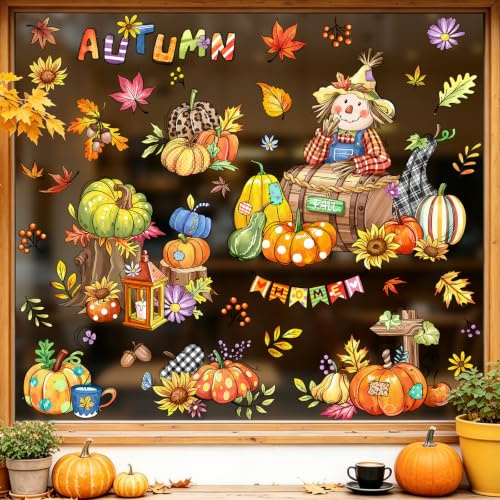 Tanlaby Herbst Fensterbilder Vogelscheuche Kürbis Sonnenblumen | Set 9 Blatt Ahornblätter Selbstklebend Fenstersticker Statisch PVC für Glas Türen Thanksgiving Erntedankfest Fensteraufkleber