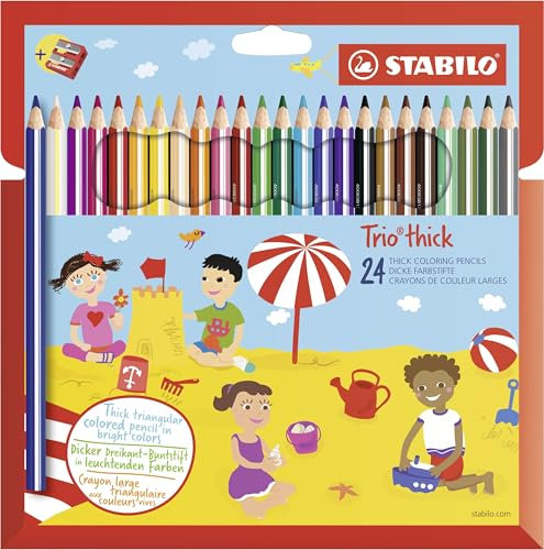 STABILO - Dreikant-Buntstift - Trio dick - 24er Pack - mit 24 verschiedenen Farben und Spitzer