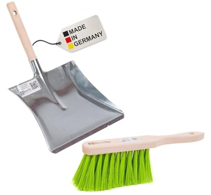 Garten Kehrgarnitur Set Handfeger Kehrschaufel neon-grüne Borsten Kehrblech | Kehrblech mit Holzgriff, Stabile robuste Ausführung, Qualitäts Kehrgarnitur, Neongrüne-Kunstborsten, Länge 280mm