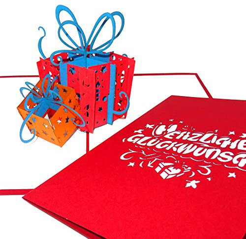 3D Geburtstagskarte Bunte Geschenke - Herzlichen Glückwunsch, Pop Up Karte zum Geburtstag, Namenstag und zur Geburt - als kleines Geschenk, Geschenkverpackung, Einladungskarte & Gutschein
