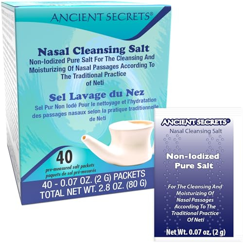Ancient Secrets Nasal Cleansing Salt, Non-Iodized – USP-Grade Sodium Chloride, 40 Pre-Measured Packets for Any Neti Pot, Sinus Irrigation System + Bonus Pack